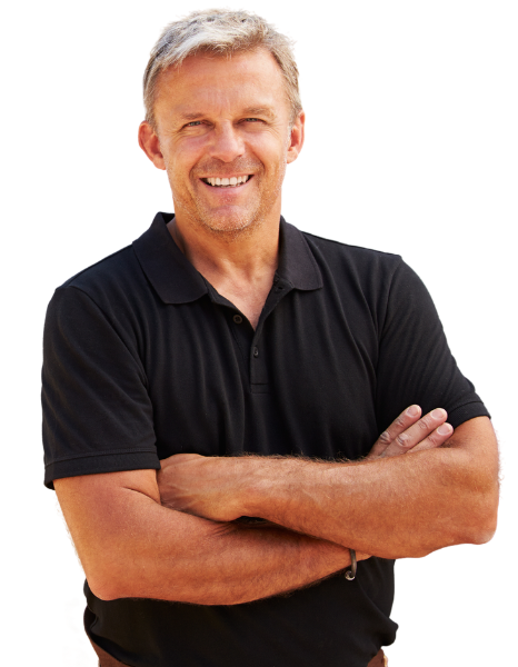 A smiling roofer in a black shirt with his arms crossed.