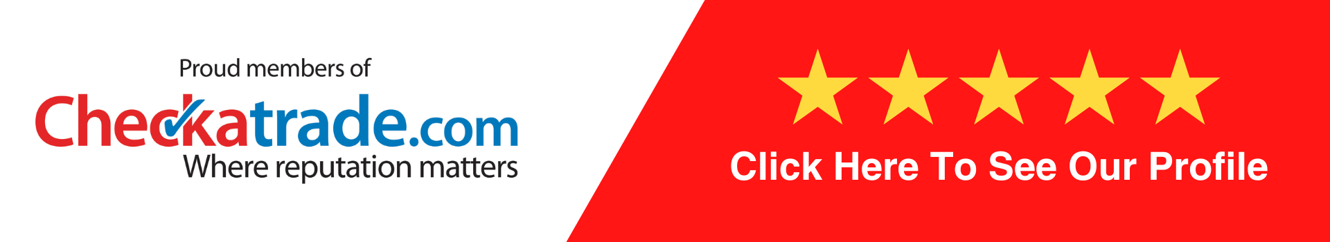 Checkatrade.com logo with a red background and five stars for flat roof services.